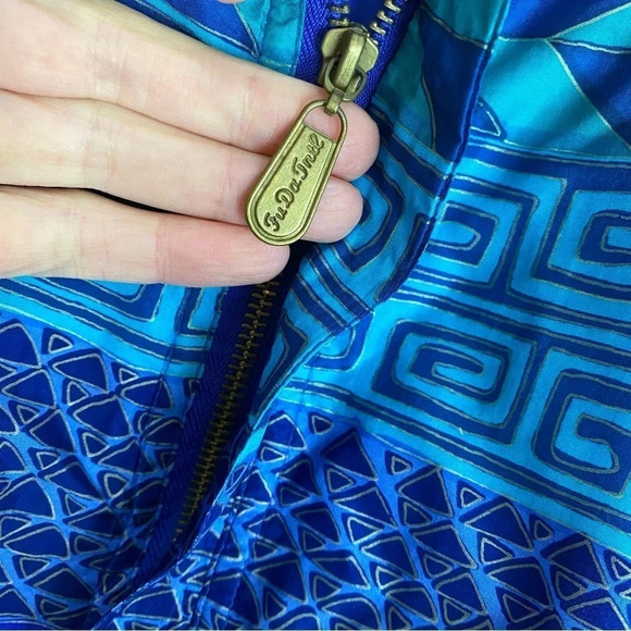Vintage 80s 90s Silk Windbreaker Jacket Womens Medium Geometric Turquoise Blue - Picture 9 of 13